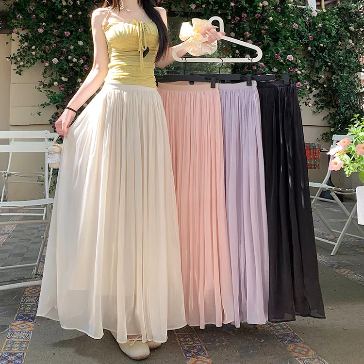 现货流光纱高个半身裙女2025夏高腰垂坠感a字大摆伞裙百褶长裙子