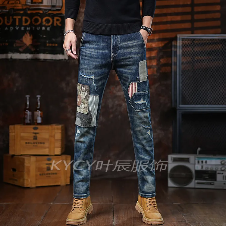 香港高端牛仔裤男士秋冬新款潮流拼接修身小直筒弹力百搭休闲长裤