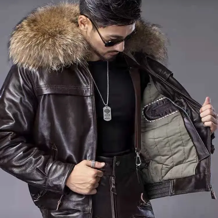牛皮航空服冬季保暖皮衣绵领夹克宽松型可脱卸领男士中老年时尚装