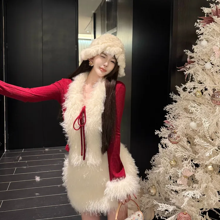 GUIDI GUDI【热红酒香】秋冬氛围感大毛领修身长袖/黄加蓝