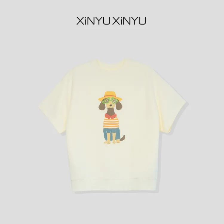 XINYU/芯与夏日俏皮潮酷草帽小狗图案短袖T恤 203308 夏季 印花