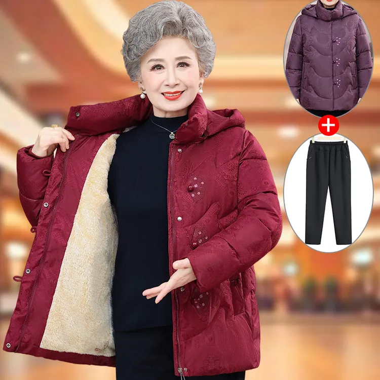 中老年人冬装女棉衣奶奶装连帽棉袄妈妈加厚棉服老太太加绒本命年