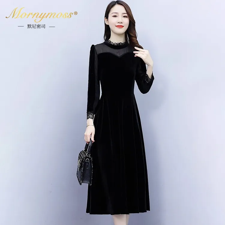 默尼密司品牌长袖金丝绒连衣裙女2025秋冬季新款优雅妈妈气质裙子