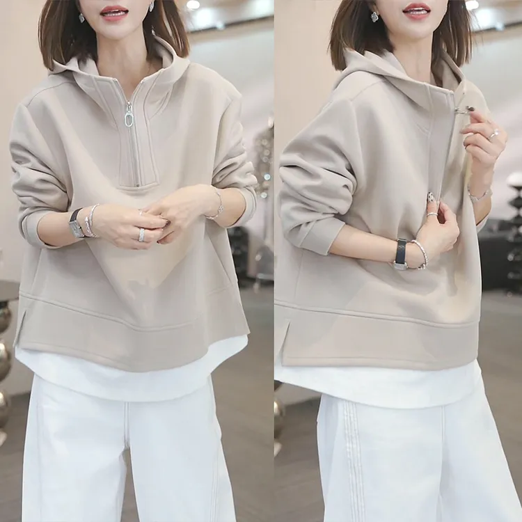 【薄霜覆野】假两件连帽长袖卫衣女2025年春秋新款宽松显瘦百搭上衣