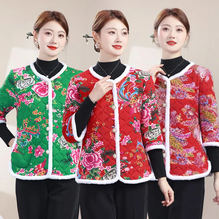民族风东北大花棉袄中老年女装加绒加厚中袖棉衣保暖妈妈装秋冬装