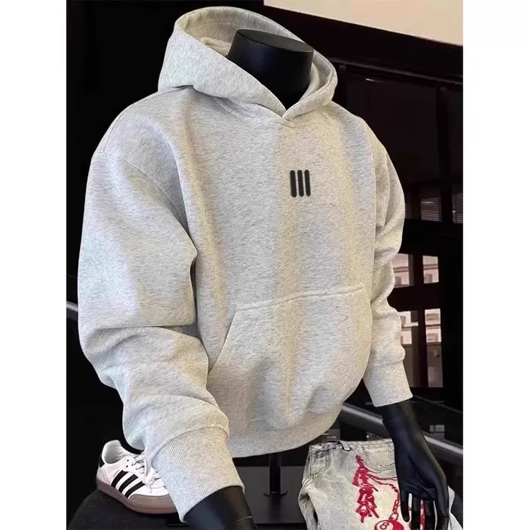 白花灰boxy短宽加绒卫衣男款秋冬美式重磅连帽衫cleanfit男生外套