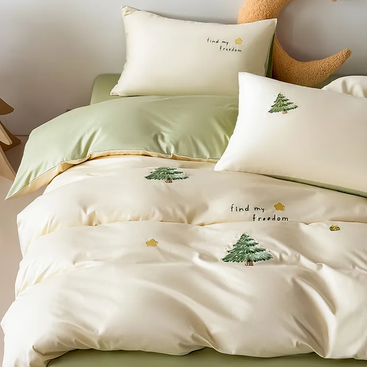 2025新款全棉贡缎刺绣被套罩四件套可爱卡通床单三件套床笠款纯棉