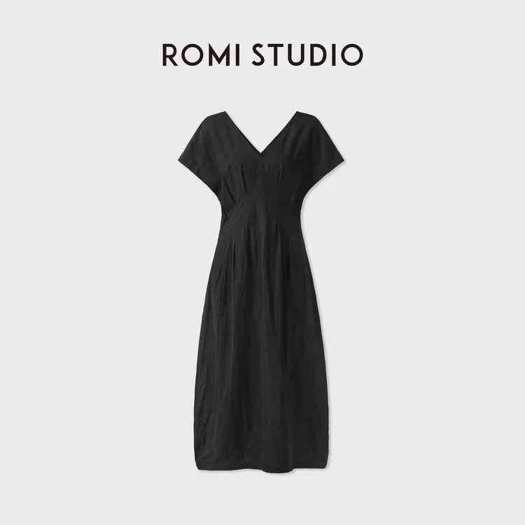 ROMI STUDIO亚麻+莱赛尔收腰花苞裙摆法式v领连衣裙 RWDRLG4153