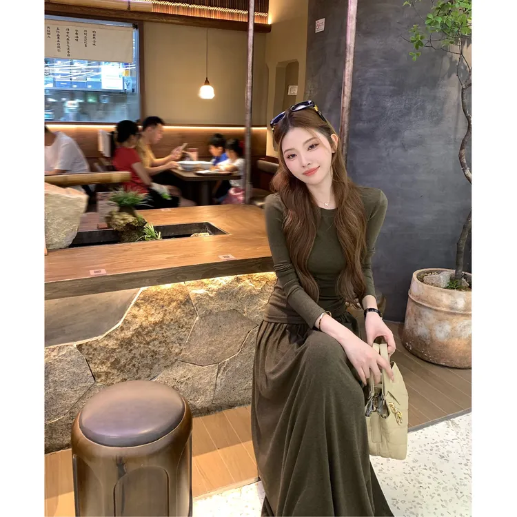 SZA【薄雾茶亭】秋季新款韩系穿搭休闲长袖上衣+半身裙两件套A-2360