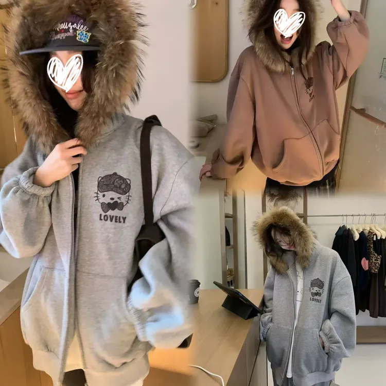 2025秋冬新款大码韩版休闲风加绒连帽kitty印花外套