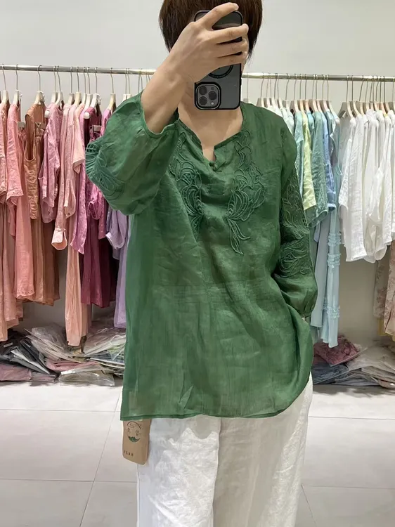 新中式刺绣苎麻衬衫减龄百搭气质休闲上衣均码90可以穿到165斤左