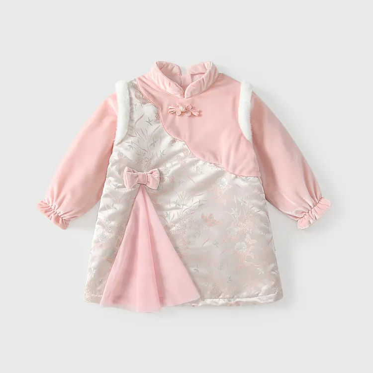 女童汉服连衣裙冬装加绒加厚女宝宝国风旗袍裙周岁礼服儿童公主裙