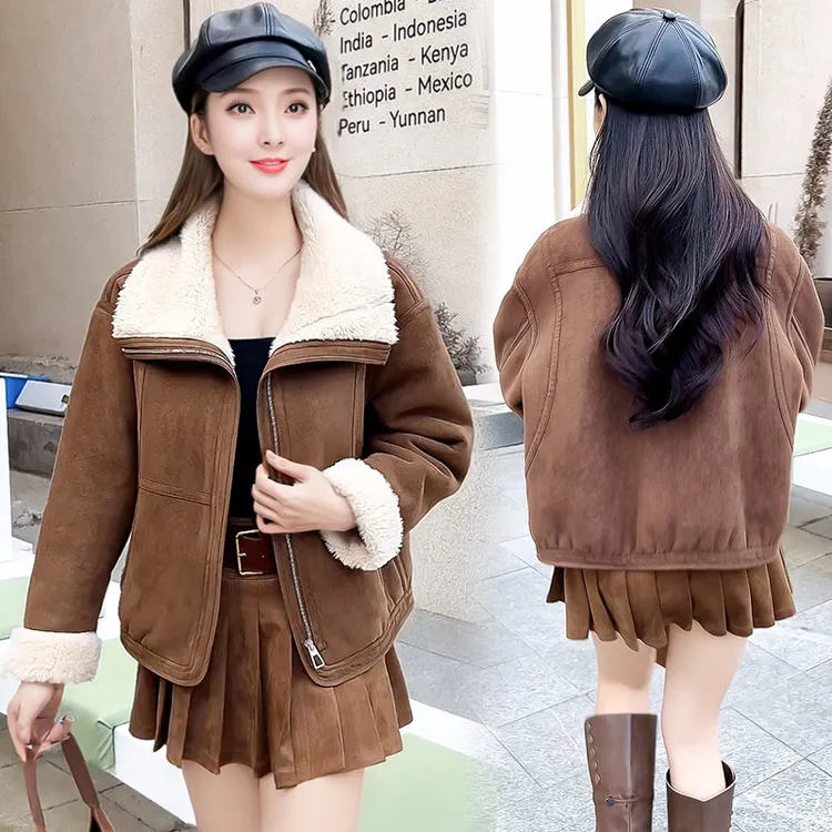 棕咖色短款翻领拉链机车服外套女冬季新款