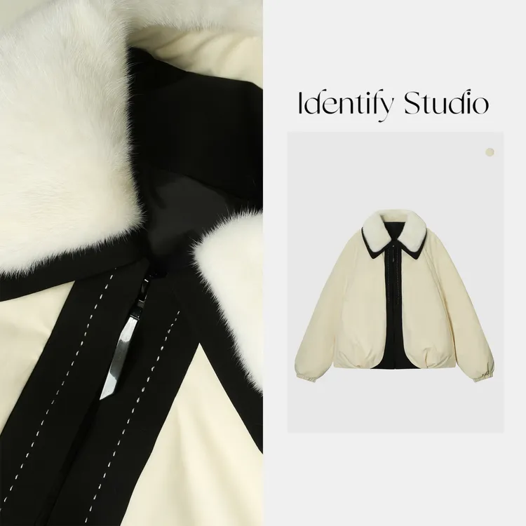 IDENTIFY冬季新款领翻领貂毛氛围感鹅绒羽绒外套25AWN110605