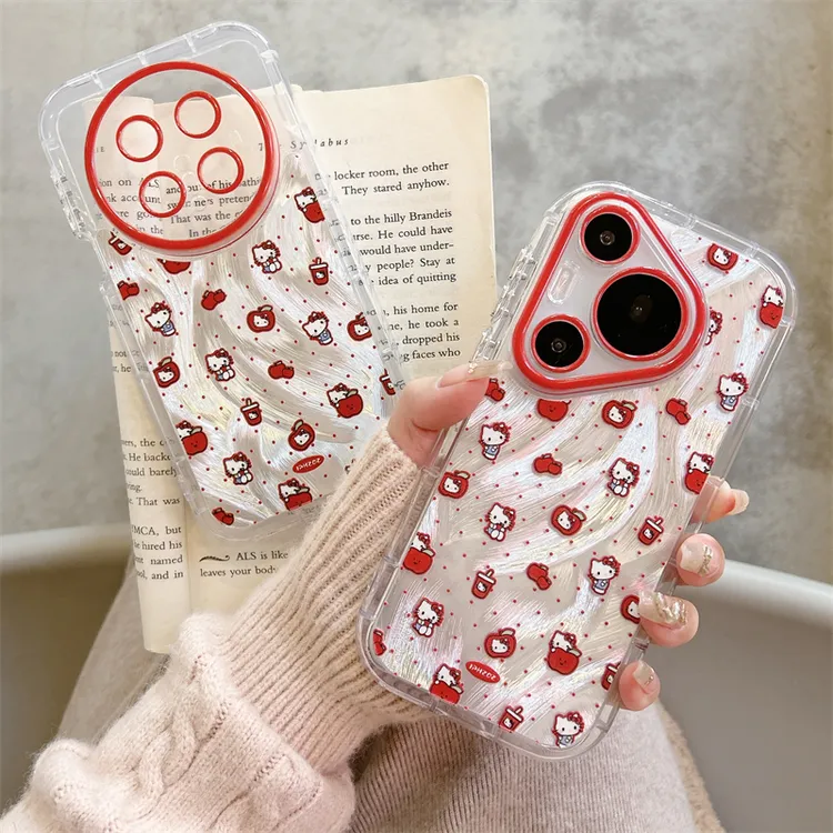 适用华为mate70pro+手机壳羽纱红波点苹果猫60全包防摔pura70女款