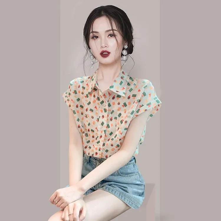法式碎花雪纺衬衫2025新款女士夏季小衫别致漂亮洋气减龄短袖上衣