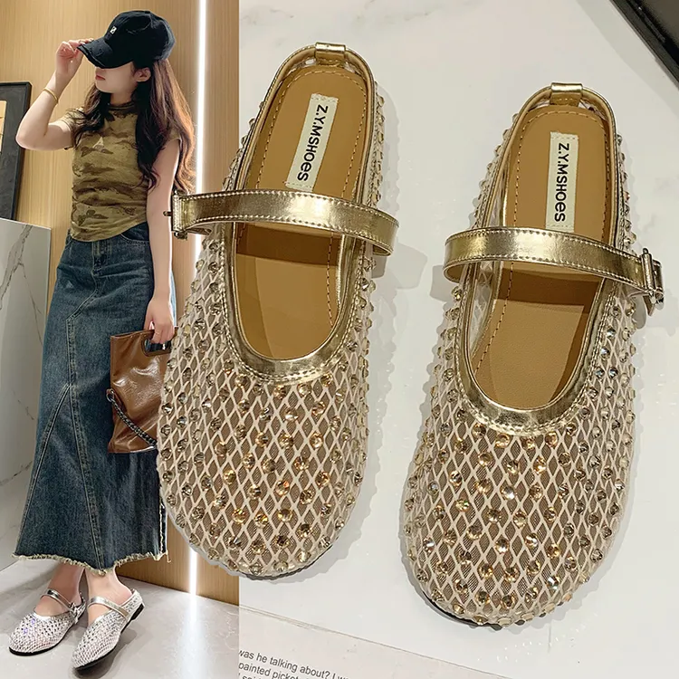 网红爆款包头拖鞋女2025年夏季新款镂空水钻网面懒人外穿半拖鞋女