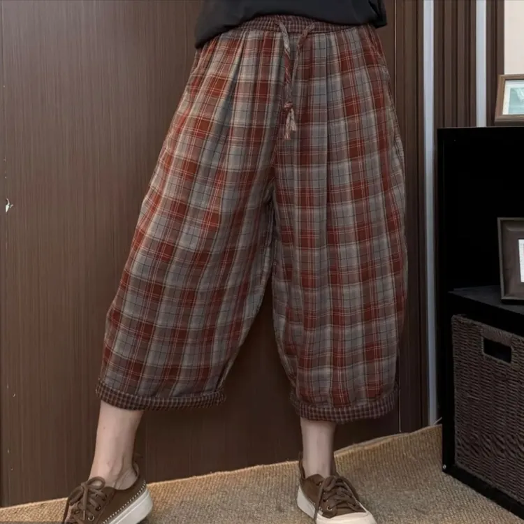 新款透气宽松大码格子休闲裤八分裤女士舒适防蚊阔腿裤