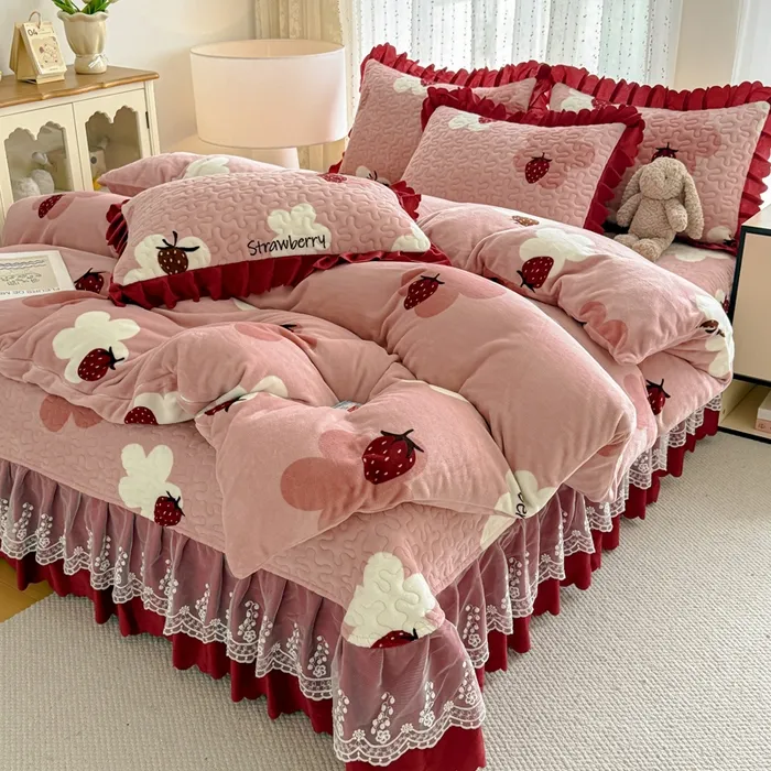 加厚牛奶绒床盖四件套花边被套床单床上用品三件套公主风夹棉床盖