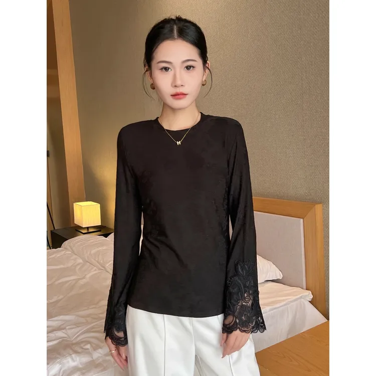 新中式黑色打底衫女秋冬季精致蕾丝拼接提花国风长袖t恤内搭上衣