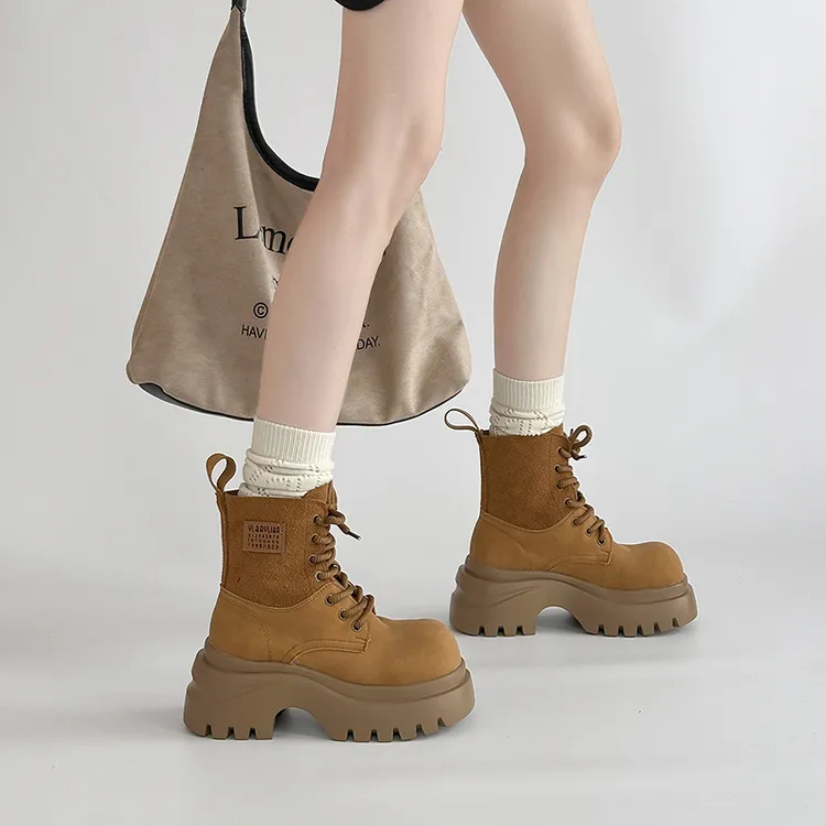 时尚复古百搭纯色拼接厚底马丁靴女2025秋冬新款欧美英伦风时装靴