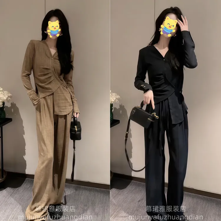 2025秋季新款系带时尚套装女不规则气质上衣高级感阔腿裤两件