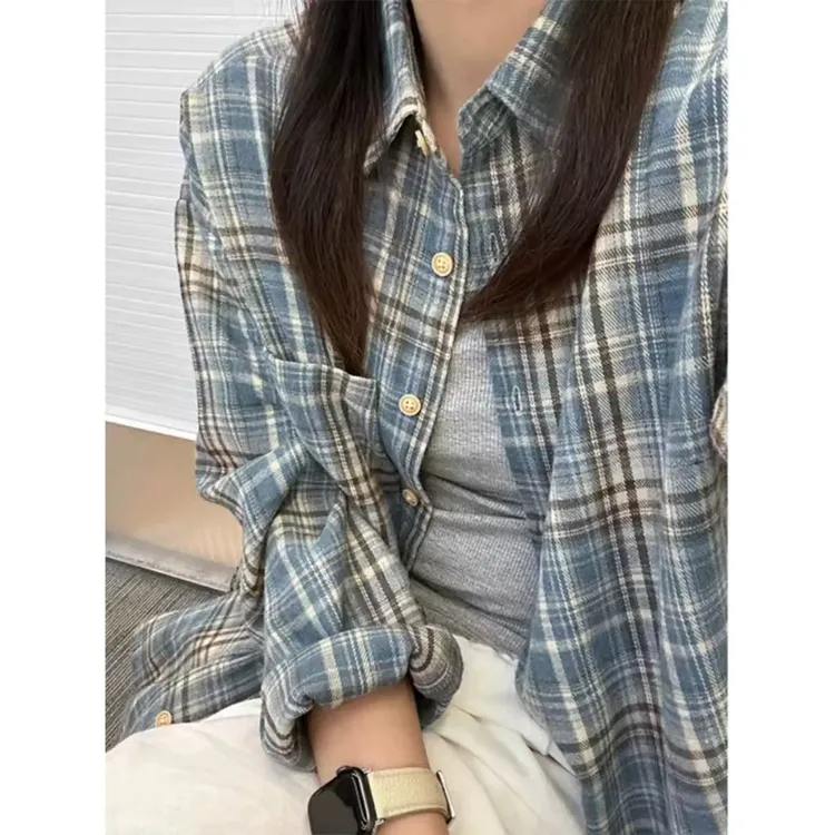 2025秋季新款复古格子衬衫女宽松慵懒风长袖文艺百搭休闲衬衣上衣
