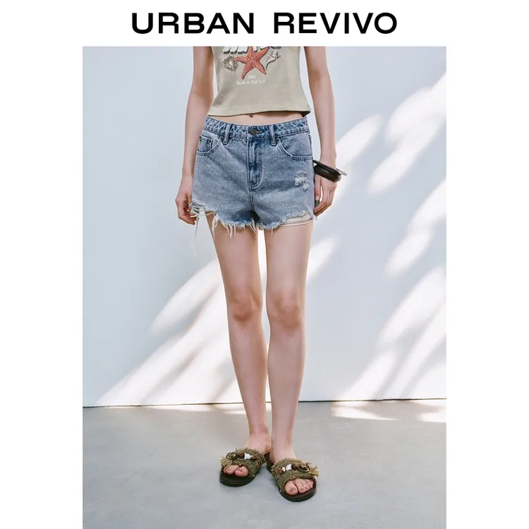 UR2025夏季新款女装休闲复古水洗毛须牛仔短裤UYY850136