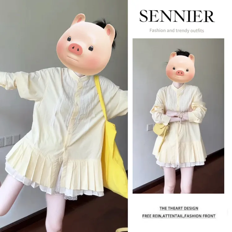 【现货】今年流行爆款日系复古不规则百褶宽松小立领长袖衬衫连衣裙