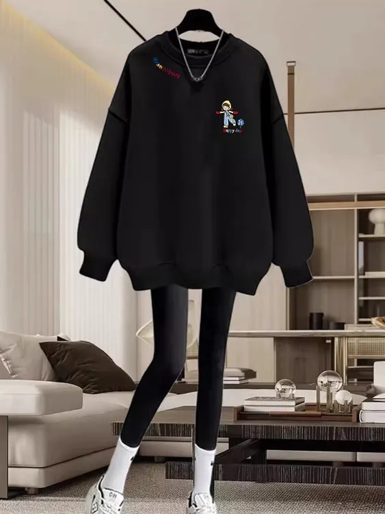 中长款黑色卫衣遮屁股女2024年秋冬新款宽松休闲百搭长袖t恤上衣