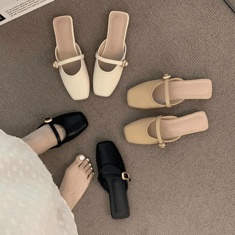 【新疆包邮乌市直发】夏新款韩版镂空包头半拖鞋金扣休闲平底沙滩女