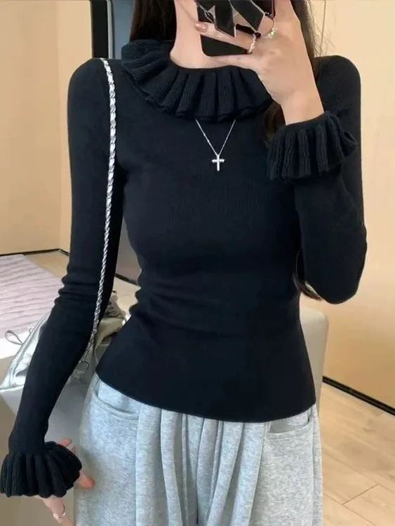 【秋冬新款】MT‘甜美双层木耳边毛衣’  洋气修身显瘦内搭打底上衣