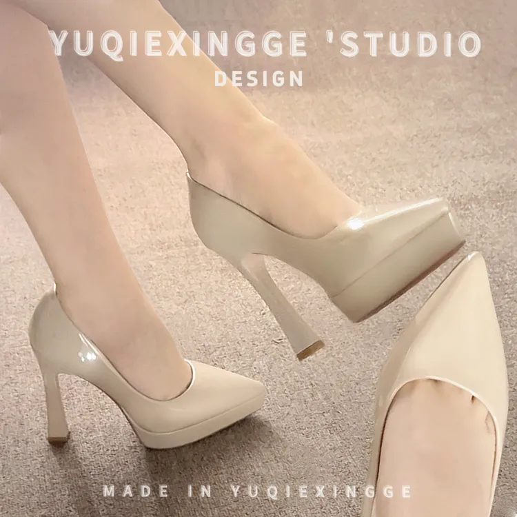 2025春秋新款防水台裸色高跟鞋女漆皮百法式御方牛皮不累脚高跟鞋