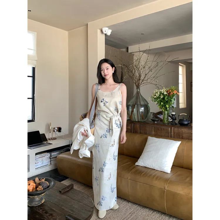 Floating 蓝铃雾 清冷感人丝印花裹身裙女气质禅意风无袖连衣裙