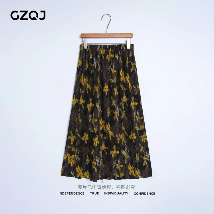 老琴私服【繁花映梦】欧若风小众设计感压褶碎花大摆半身裙子女9878