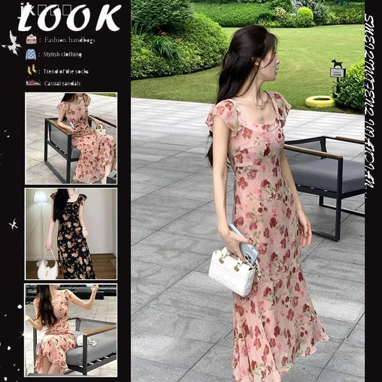 LACAH法式复古度假风小飞袖碎花连衣裙夏季小众设计高级感收腰气