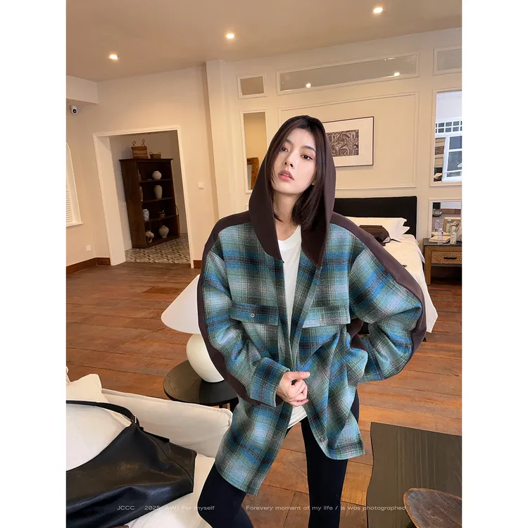 JCCC影子【双生页】蓝绿格绵羊毛拼接撞色廓形长袖连帽衬衫JE5ASC14