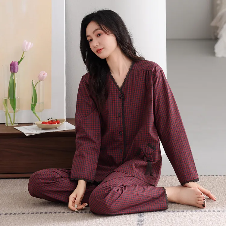 睡衣女春秋长袖长裤带胸垫一体式梭织纯棉V领格子开衫家居服套装