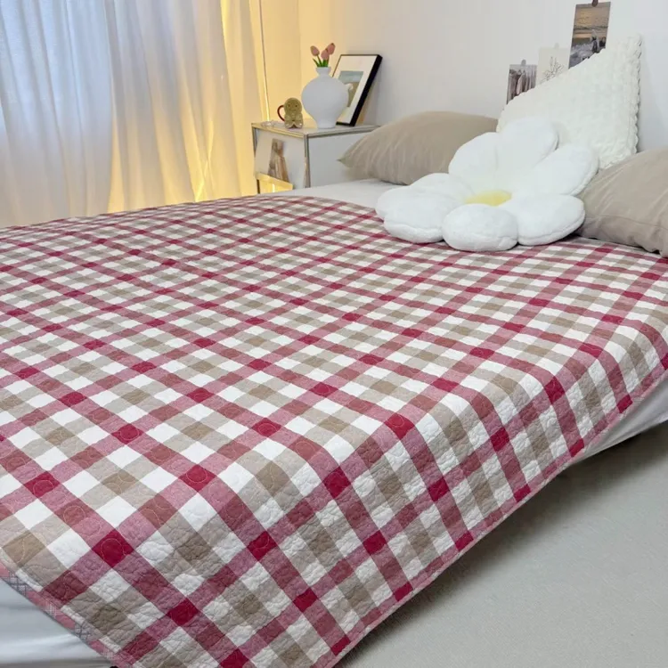色织格子纯棉床盖双面三层夹棉绗缝加厚单人床上用品