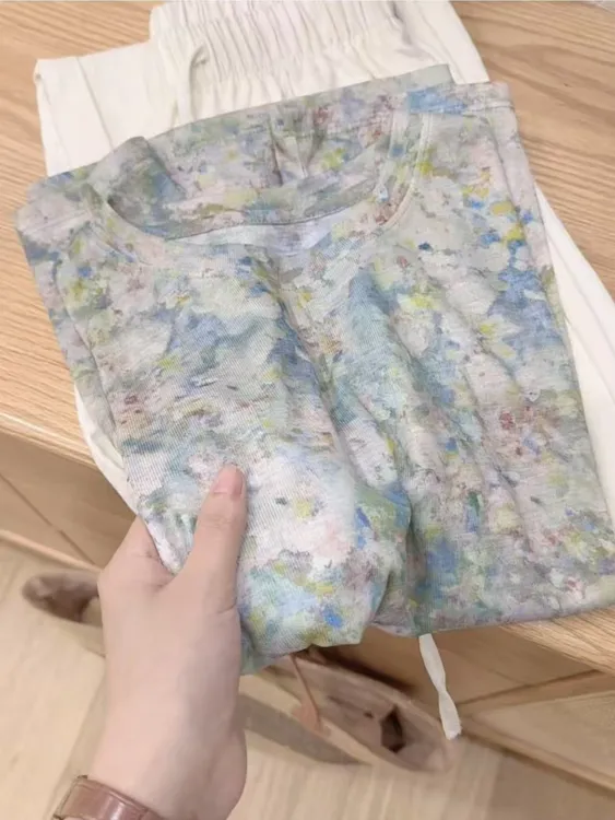 七言家巨好看！火爆莫奈庄园碎花晕染薄款短袖@