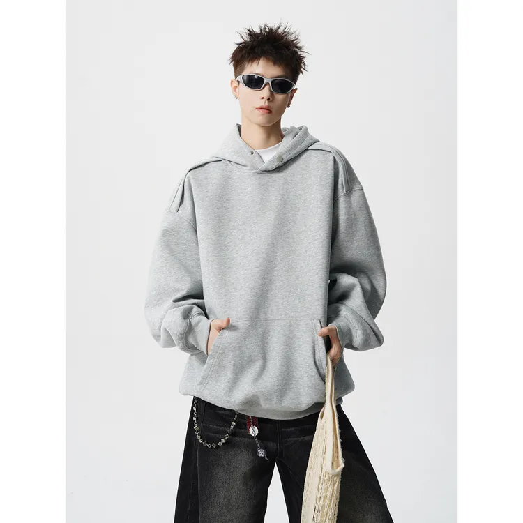 重磅秋冬男装连帽纽扣卫衣春秋潮牌宽松休闲纯色百搭美式男士长袖
