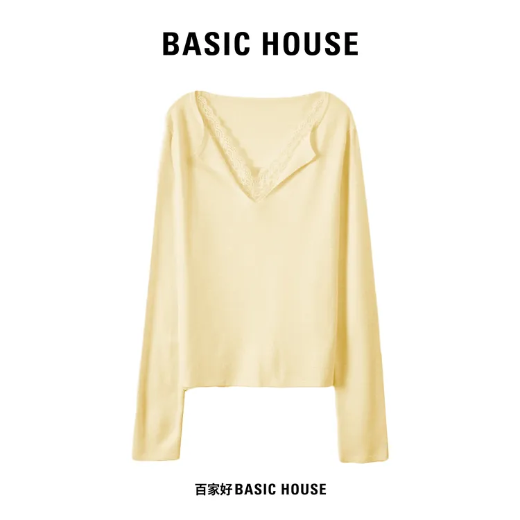 Basic House/百家好2025秋季修身气质拼接蕾丝百搭针织衫L962 XX