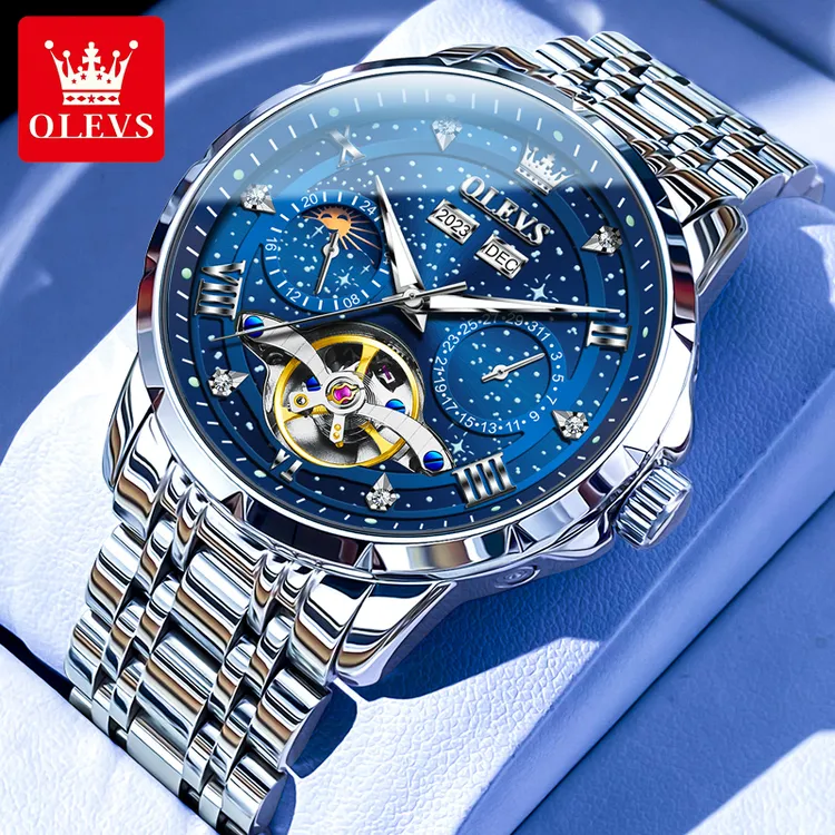 瑞士欧利时名表经典星辰百搭高档星空多功能夜光月相机械表6690