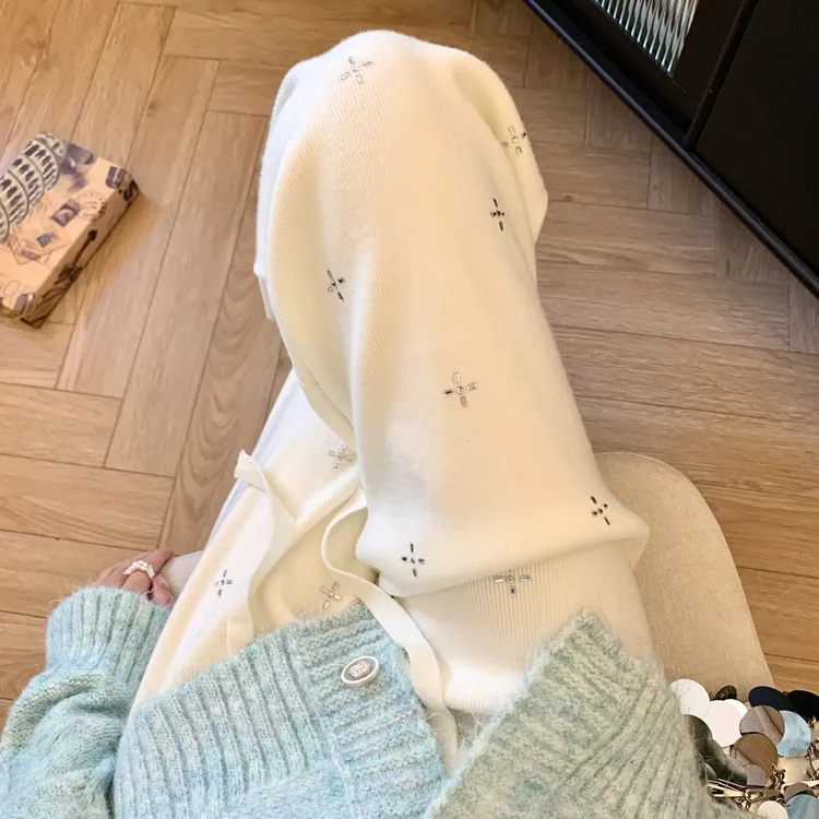 小香风重工烫钻白色休闲针织裤女秋冬软糯高腰宽松垂感直筒阔腿裤