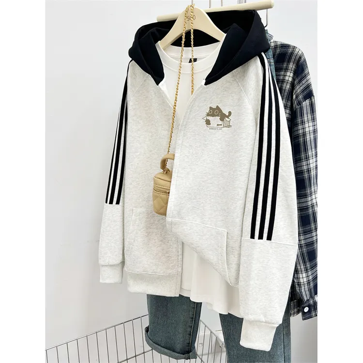 美式拼接三条杠开衫连帽卫衣女秋冬潮牌拉链宽松大码加绒加厚外套