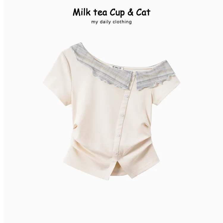 【现货】学院风设计感甜美格纹拼接正肩修身收腰显瘦T恤短袖上衣女