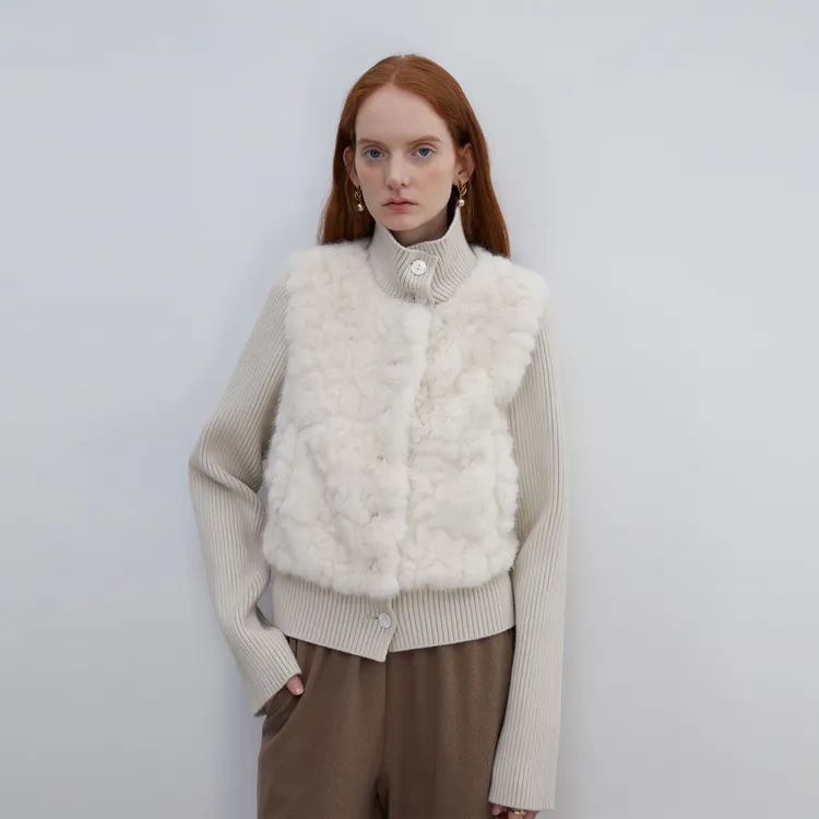 人造皮草 2025新款冬季短款针织拼毛气质慵懒门襟贝壳扣皮草外套