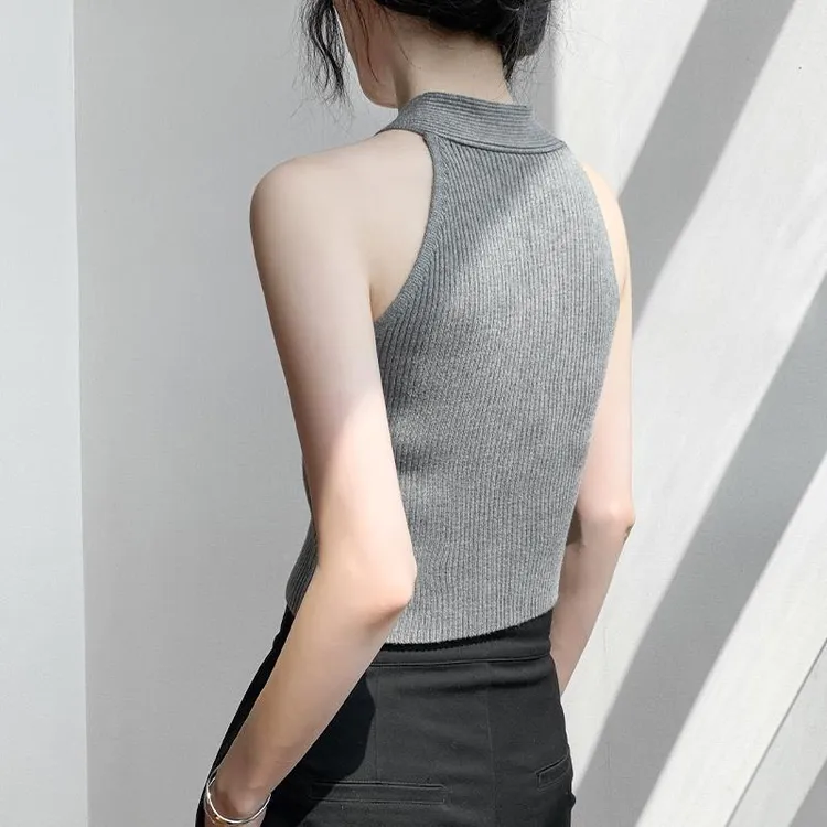 法式挂脖扭结设计感背心女秋衬衫内搭修身显瘦打底衫纯色无袖上衣