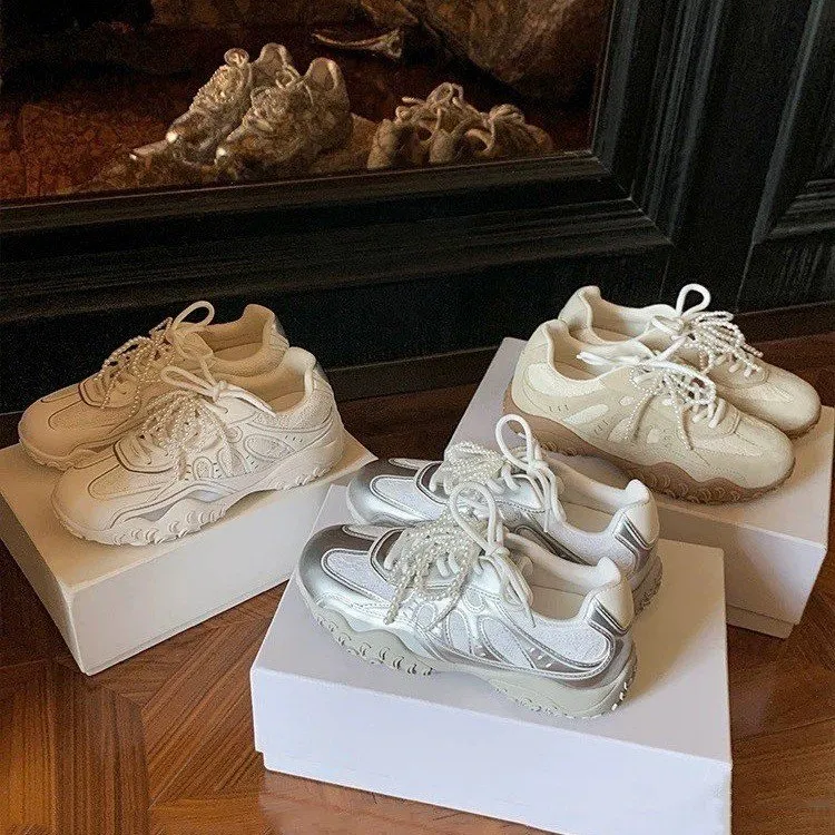 【苏茵茵】新色来啦~月牙底内增高蕾丝珍珠休闲德训鞋女阿甘鞋