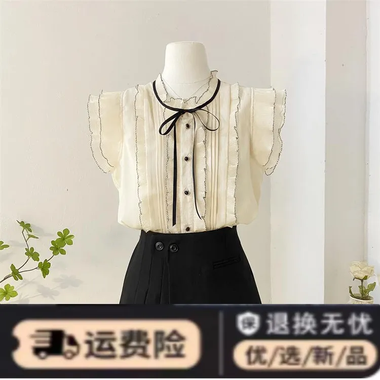 甜美木耳花边立领衬衫女夏短袖设计感系带蝴蝶结飞飞袖雪纺衫上衣